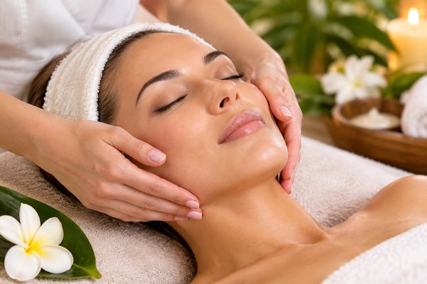 soin du visage apaisant avec un ambiance douce chaleureuse. sur table avec une esthéticienne.