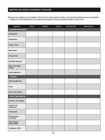 A master appliance and warranty tracking form for household appliances.