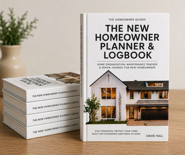 Stack of homeowner planner and logbook books on a table.