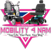 Two electric mobility scooters against a stylish pink and blue background.