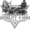 Various mobility scooters and wheelchairs displayed with Mobility-4-Nam logo.