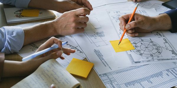 Mining engineers South Africa collaborating on underground mine design blueprints for technical due diligence and mineral project evaluation.