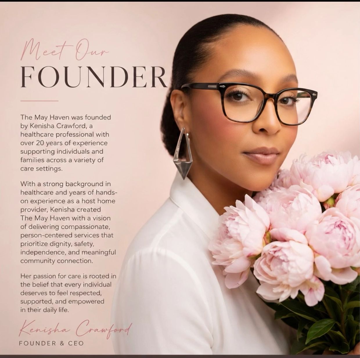 Portrait of Kenisha Crawford, founder and CEO, holding pink flowers.