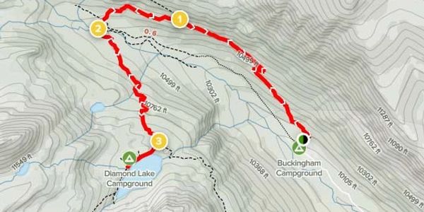 Map of trail to Diamond Lake.  Screen clipping from AllTrails.com