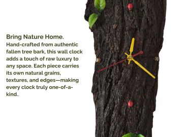 Wall clock made from authentic fallen tree bark with natural grains and leaves.