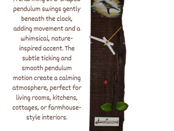 Wooden pendulum clock with a bird design.