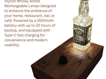 Rechargeable whisky bottle lamp with wooden base and Type-C charging.