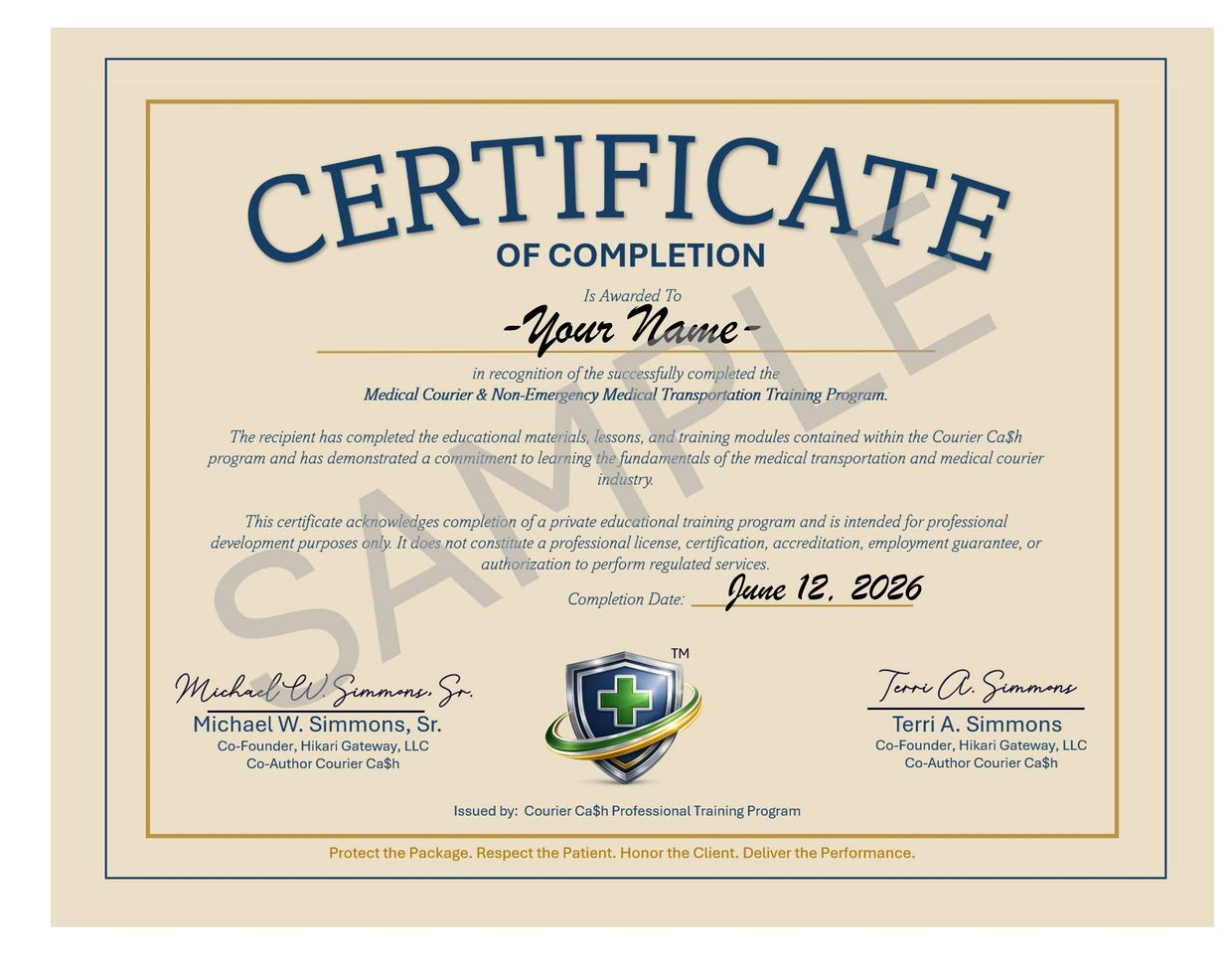 Certificate of completion for Medical Courier &amp; Non-Emergency Medical Transportation Training Program.