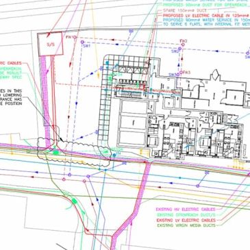 Technical plan showing electrical and water services layouts.