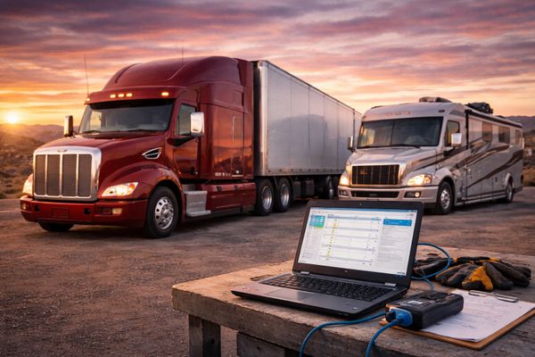 Laptop and diagnostic tool connected near trucks at sunset for CARB Clean Truck Check Testing . 