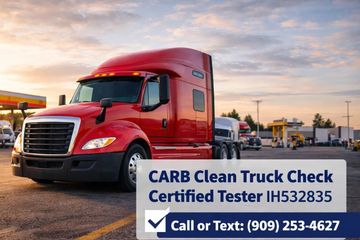 Red semi-truck parked with contact info for CARB Clean Truck Check tester.