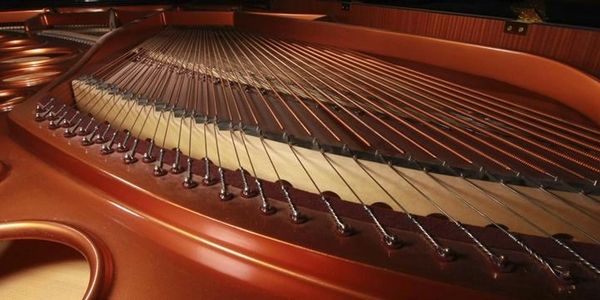 Close-up of piano strings and tuning pins inside a grand piano.