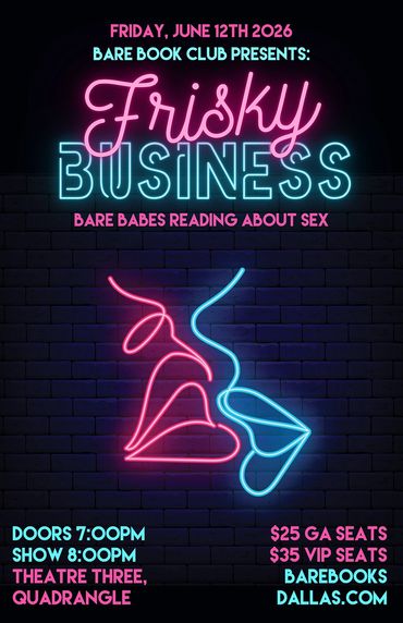 Neon poster for 'Frisky Business' book reading event on June 12, 2026.