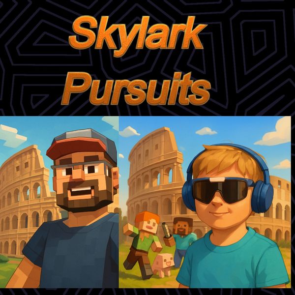 Skylark Pursuits game cover featuring blocky characters near the Colosseum.