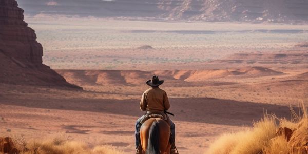 A cowboy on horseback overlooking a vast desert landscape.