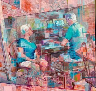 Two people engaged in conversation in a colorful, abstract setting.