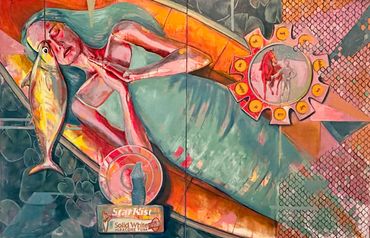Surreal painting of a woman with a fish and symbolic elements in vibrant colors.