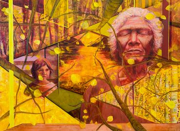 A vibrant painting with two figures amidst abstract yellow and green shapes.
