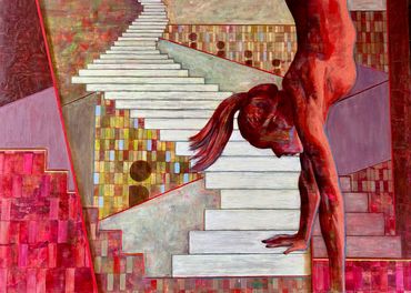 A red-toned figure performing a handstand near abstract stairs.