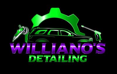 Logo for Williano's Detailing with car and cleaning tools in green and purple.