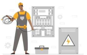 Electrician holding wires near electrical panel and toolbox.