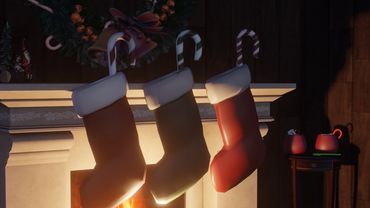 A dimly lit scene of a fireplace at christmas. 