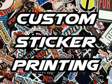A vibrant collage of custom stickers with bold text promoting custom sticker printing.