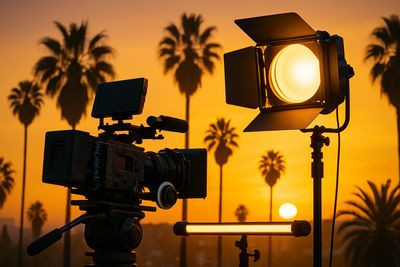 Film camera and lighting equipment set against a sunset with palm trees.