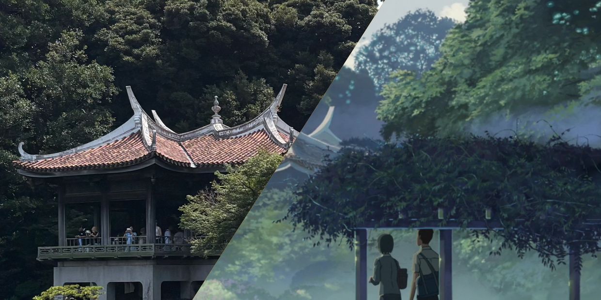 Traditional temple structure and animated natural scene split image.