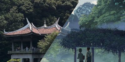 Mystical blend of traditional architecture and anime scene.