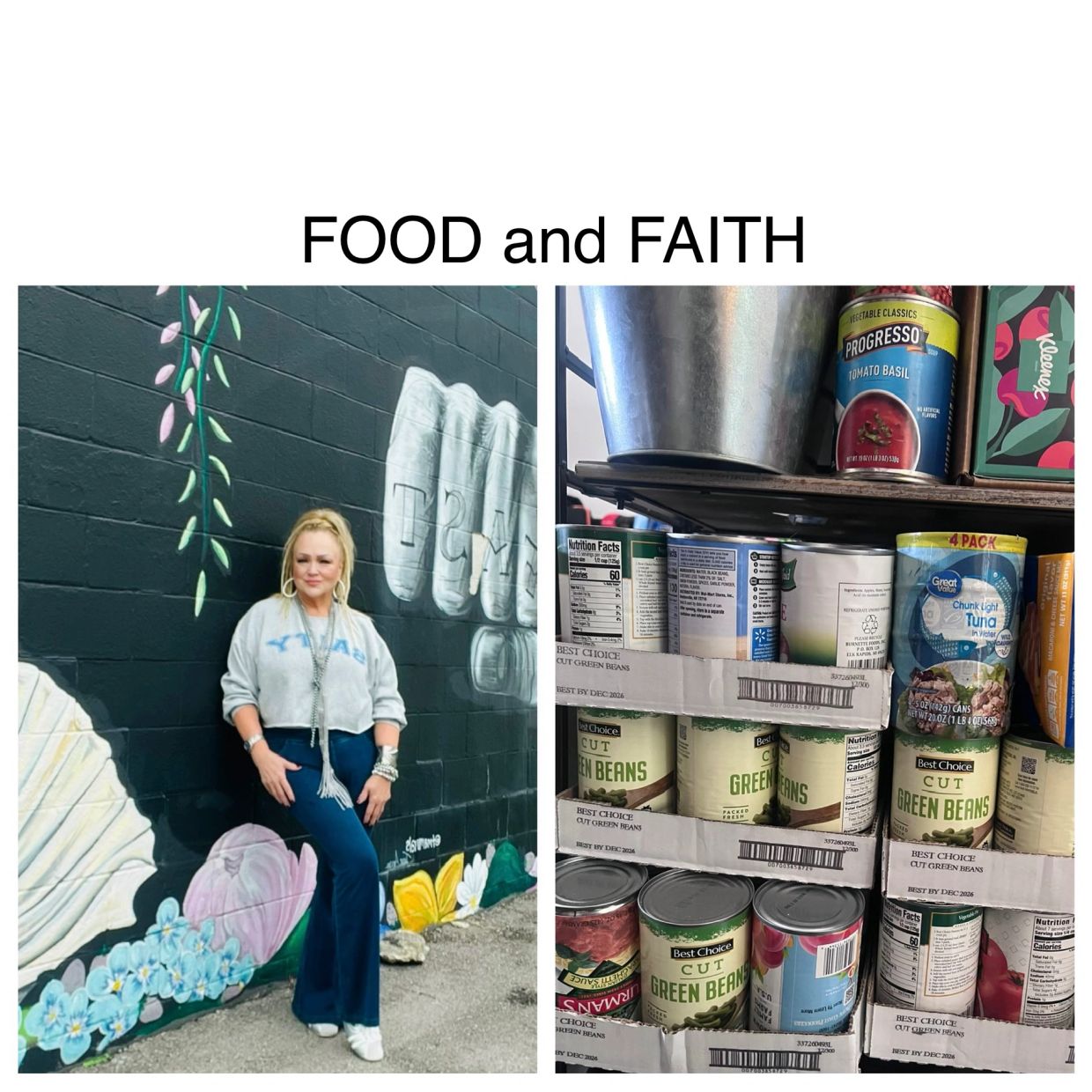 Woman poses by a mural; shelves stocked with canned food.