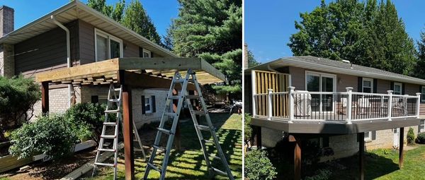 Before and after images of a house deck construction with wooden framework and completed railing.