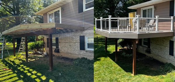 Before and after images of a deck construction on a house.