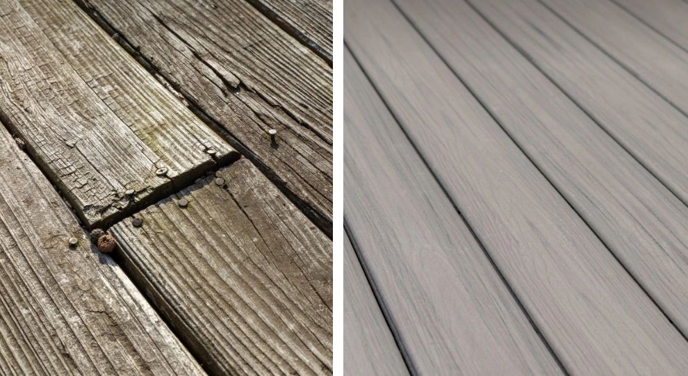 Side-by-side comparison of old weathered wood and new composite deck.