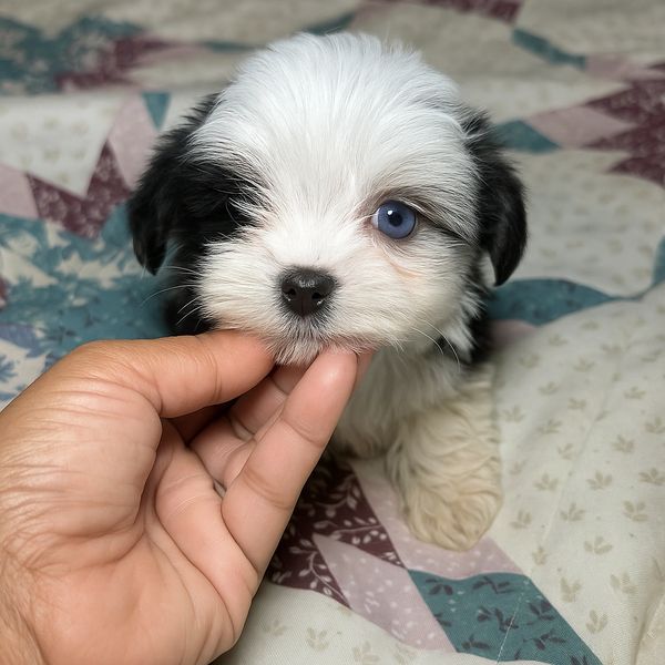 Close-up of a fluffy puppy with one blue eye being gently held by a hand.