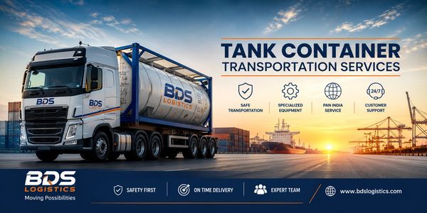 BDS Logistics tank container truck at sunset with shipping port background.