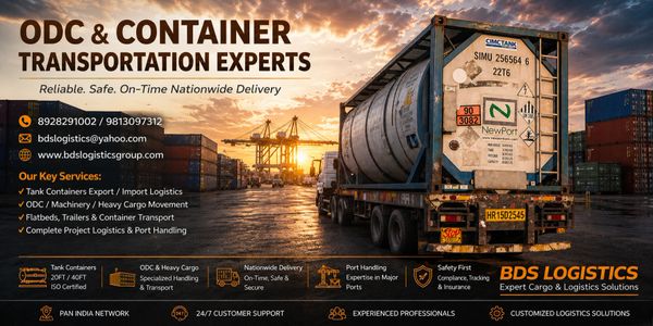 Container truck at sunset with logistics service information.