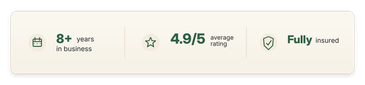 Trust indicators showing over 8 years in business, 4.9 out of 5 customer rating and fully insured