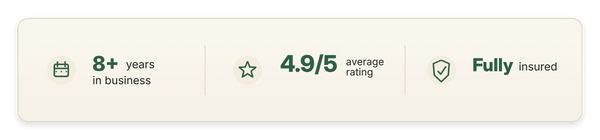 RH Smith trust banner showing 8+ years in business, 4.9 out of 5 average rating and fully insured
