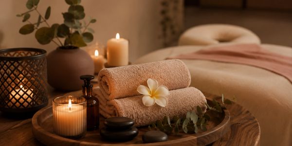 Relaxing spa setup with candles, towels, and massage stones.