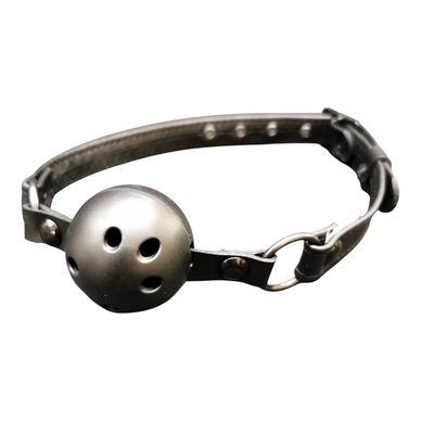 Black leather ball gag with ventilation holes and metal buckle.