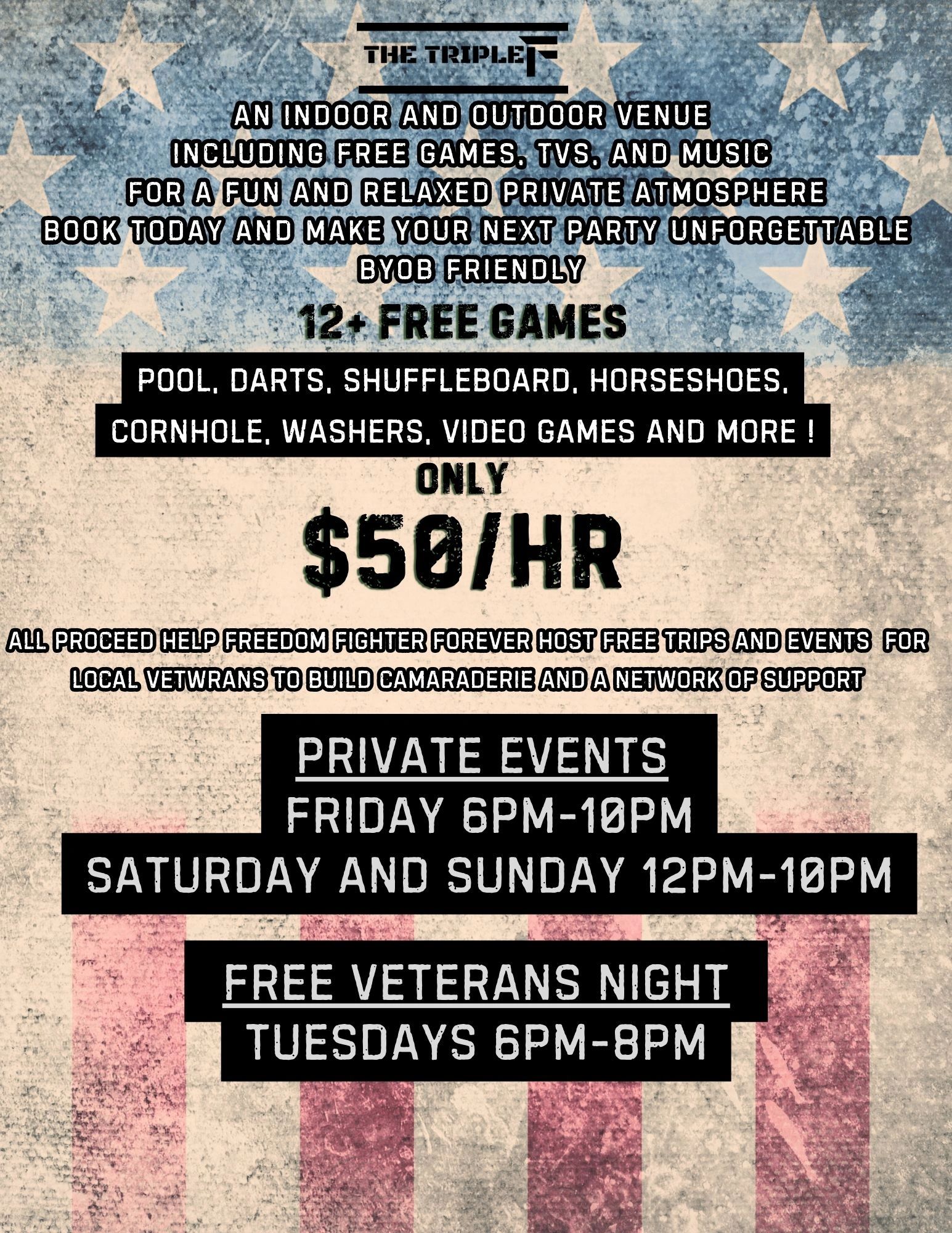 Venue offers games and private events with free veterans night.