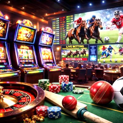 Casino scene with slot machines, roulette, sports betting, and poker chips.