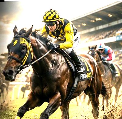 Jockey in yellow and black racing a horse on a dirt track.