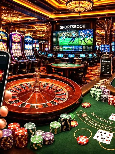 A luxurious casino with slot machines, poker, roulette, and live casino app on phone.