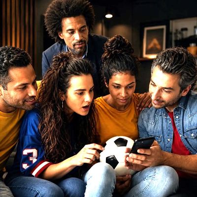Group of friends excitedly watching soccer on a phone together.