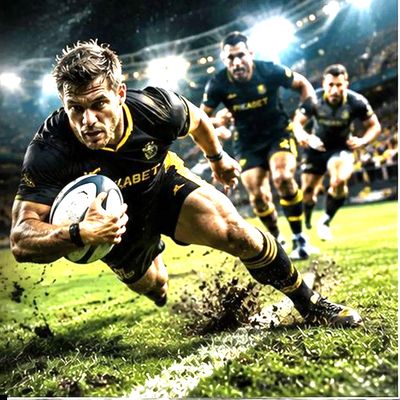 Rugby player diving to score a try in an intense match.