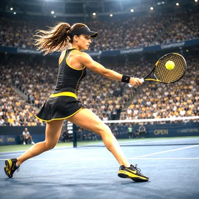 Female tennis player hitting a backhand shot on a blue court.
