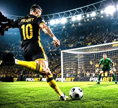 Soccer player in black and yellow jersey taking a penalty kick at night stadium.