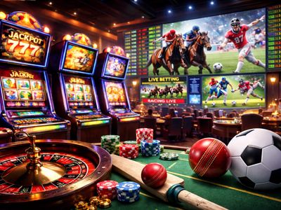 Casino with slot machines, roulette, poker chips, and a sports betting screen showing horse racing and football.
